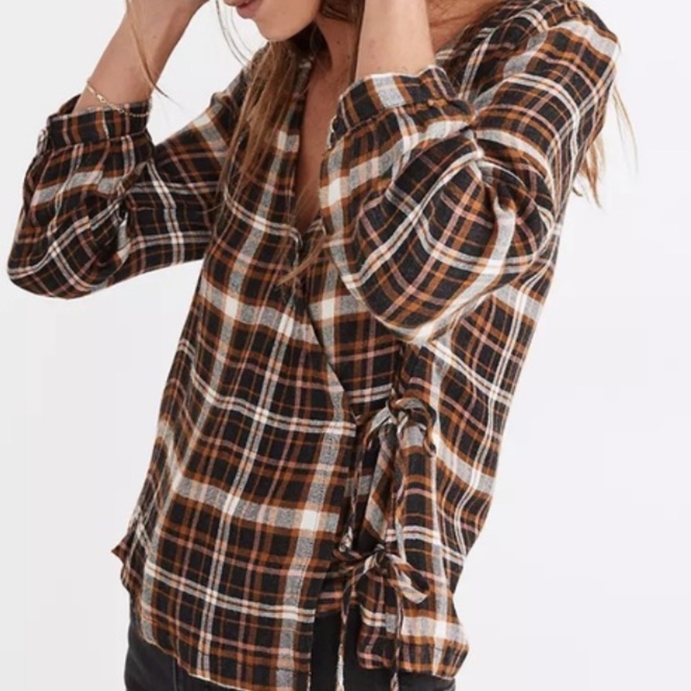 NEW! Madewell Plaid Gaize Double Tie Wrap Blouse Size XL